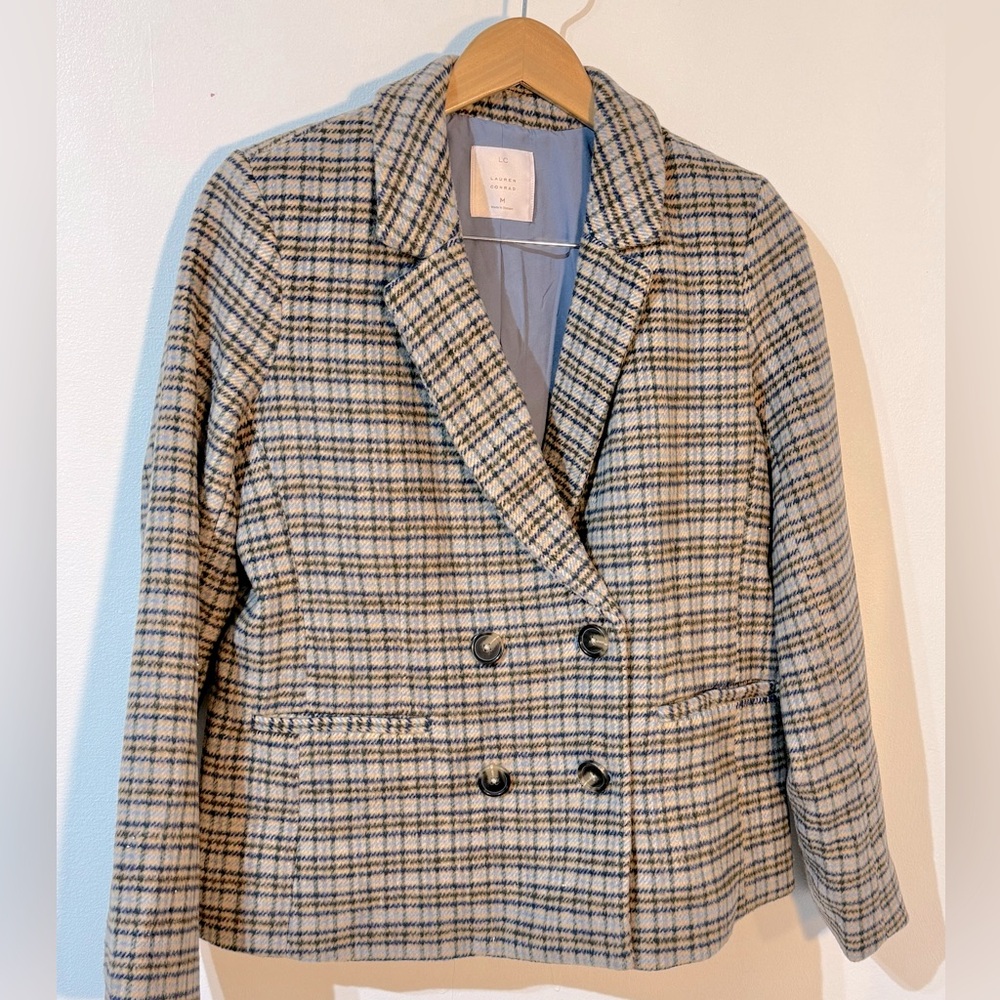 LC Lauren Conrad women’s NWT Double Breasted Notch plaid checked Collar Blazer - Picture 2 of 13